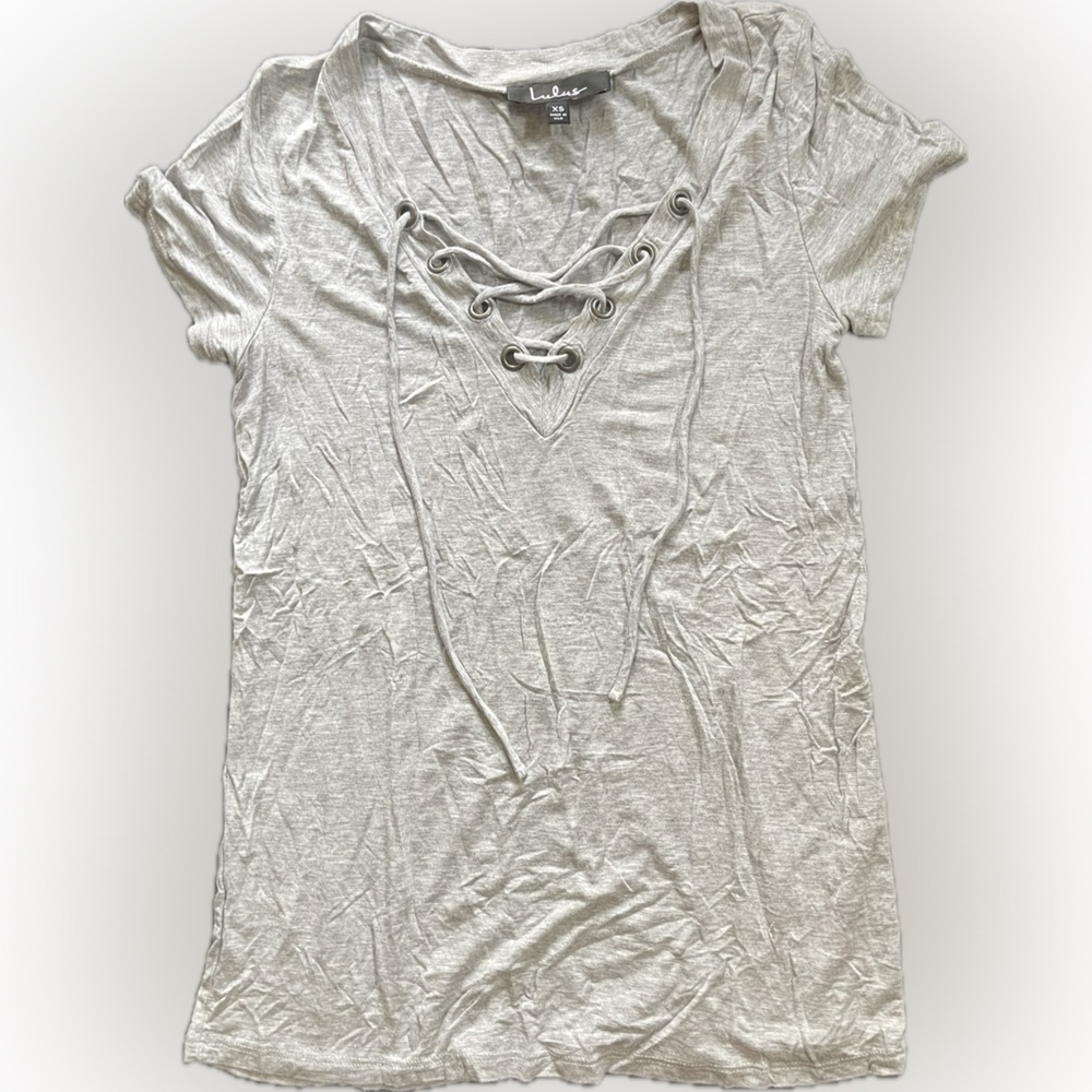 Lulu's Light Gray Lace-Up Short Sleeve Tee